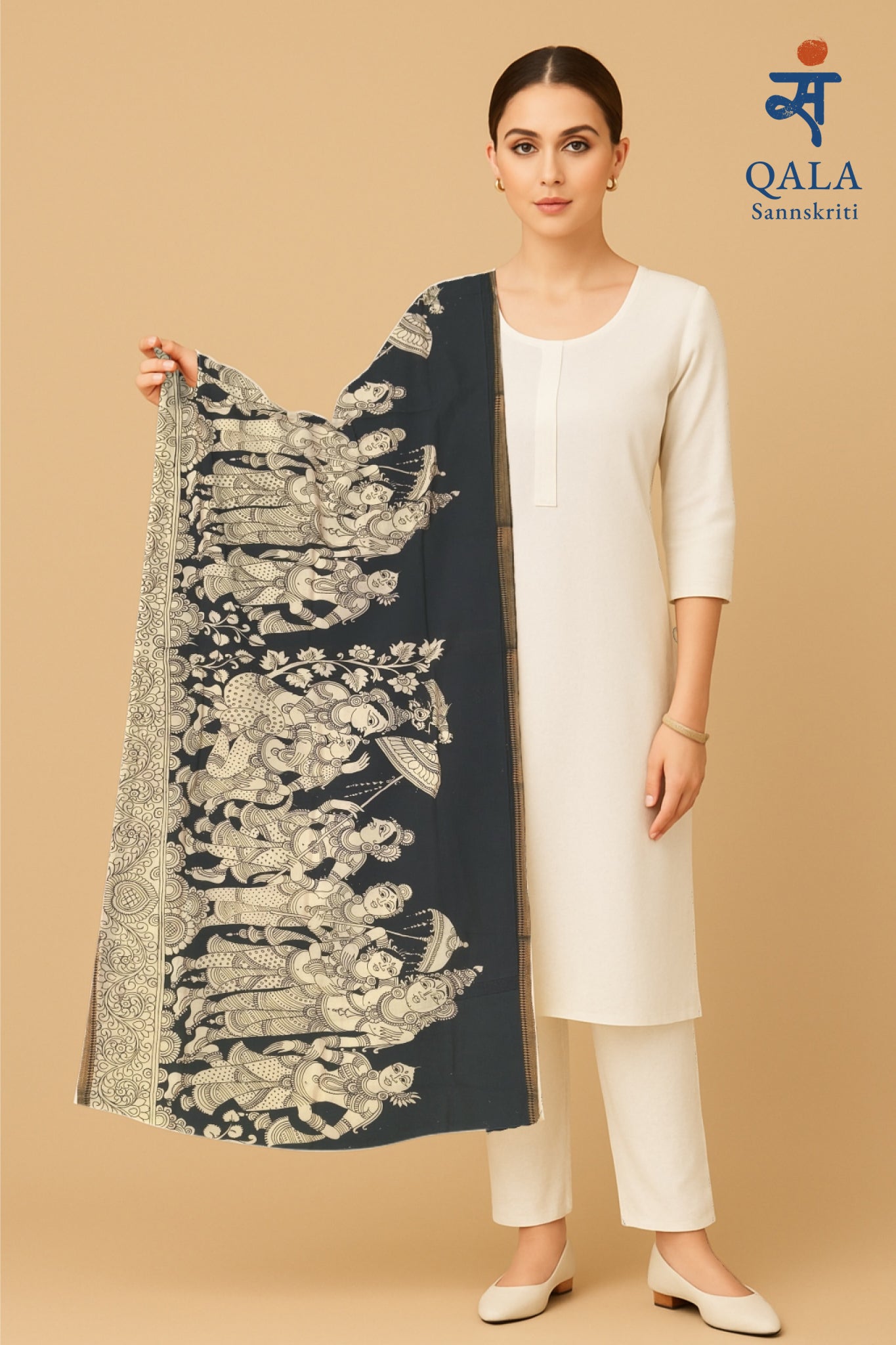 Mangalgiri silk Hand Kalamkari work dupatta “ Sita Ram Kalyanam “