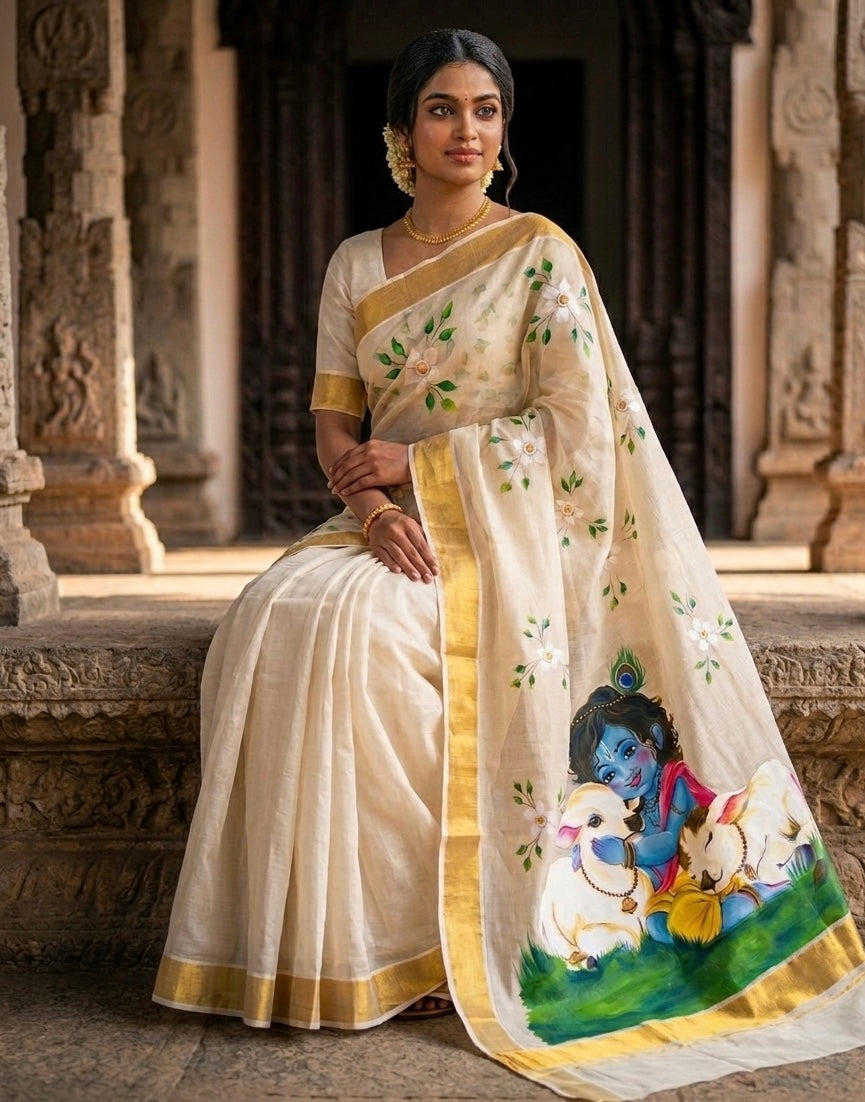 Golden Kerala tissue saree : Divine innocence