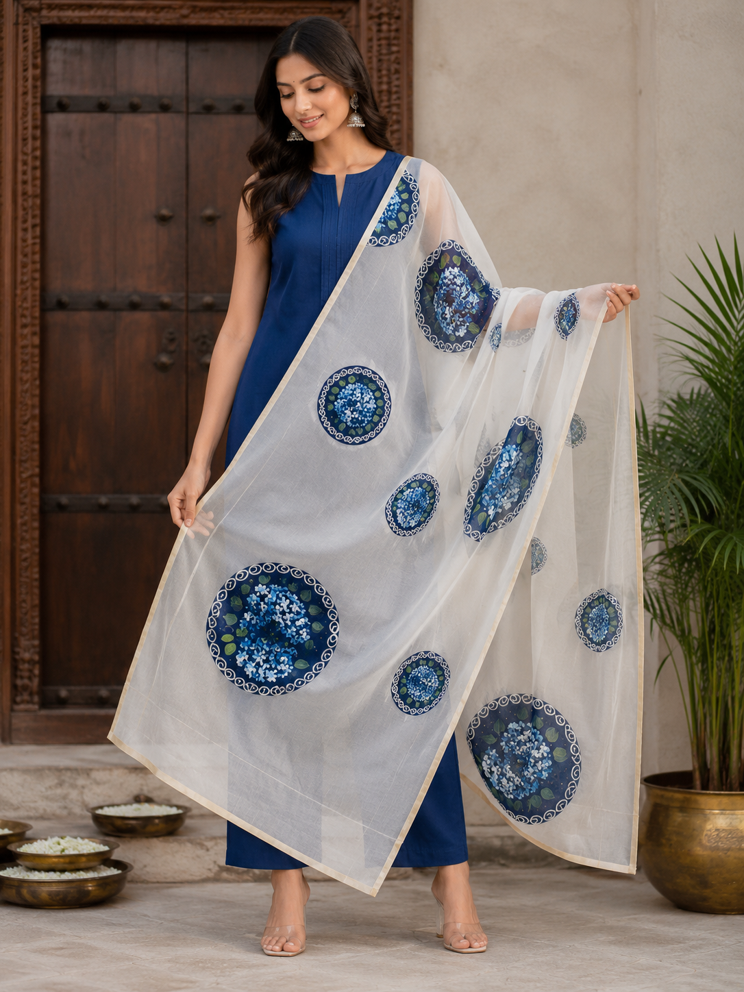 Pure off white chanderi silk dupatta with bead work