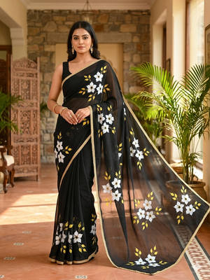 Black georgette saree : moonlight in Bloom