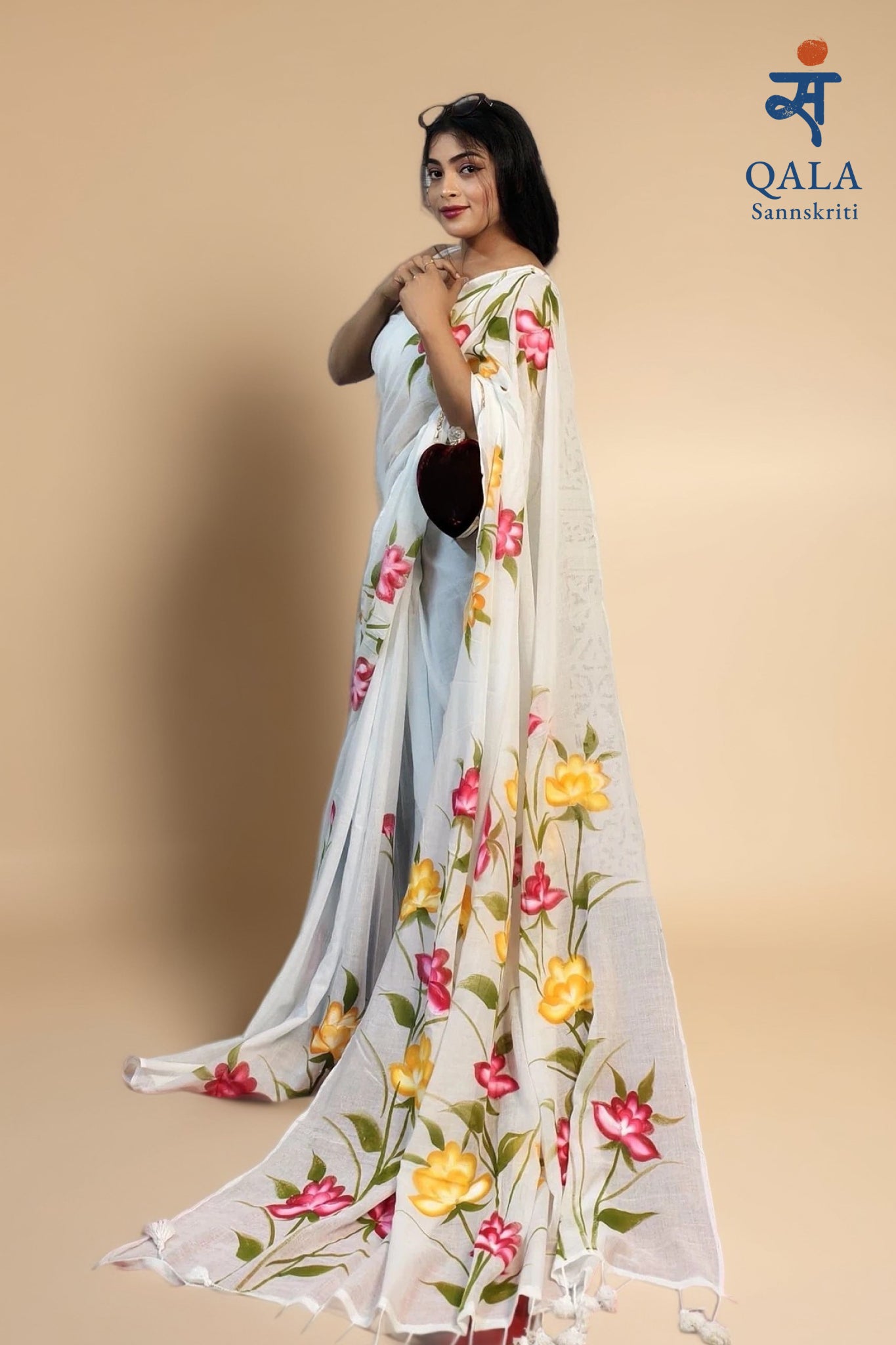 White hand painted florals on mul cotton saree