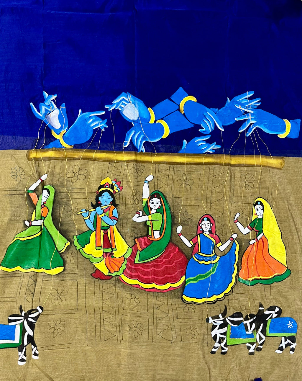 Dark blue with golden pallu hand painted cotton blend saree “ Stings of Divinity :Raas Leela puppet ballet “