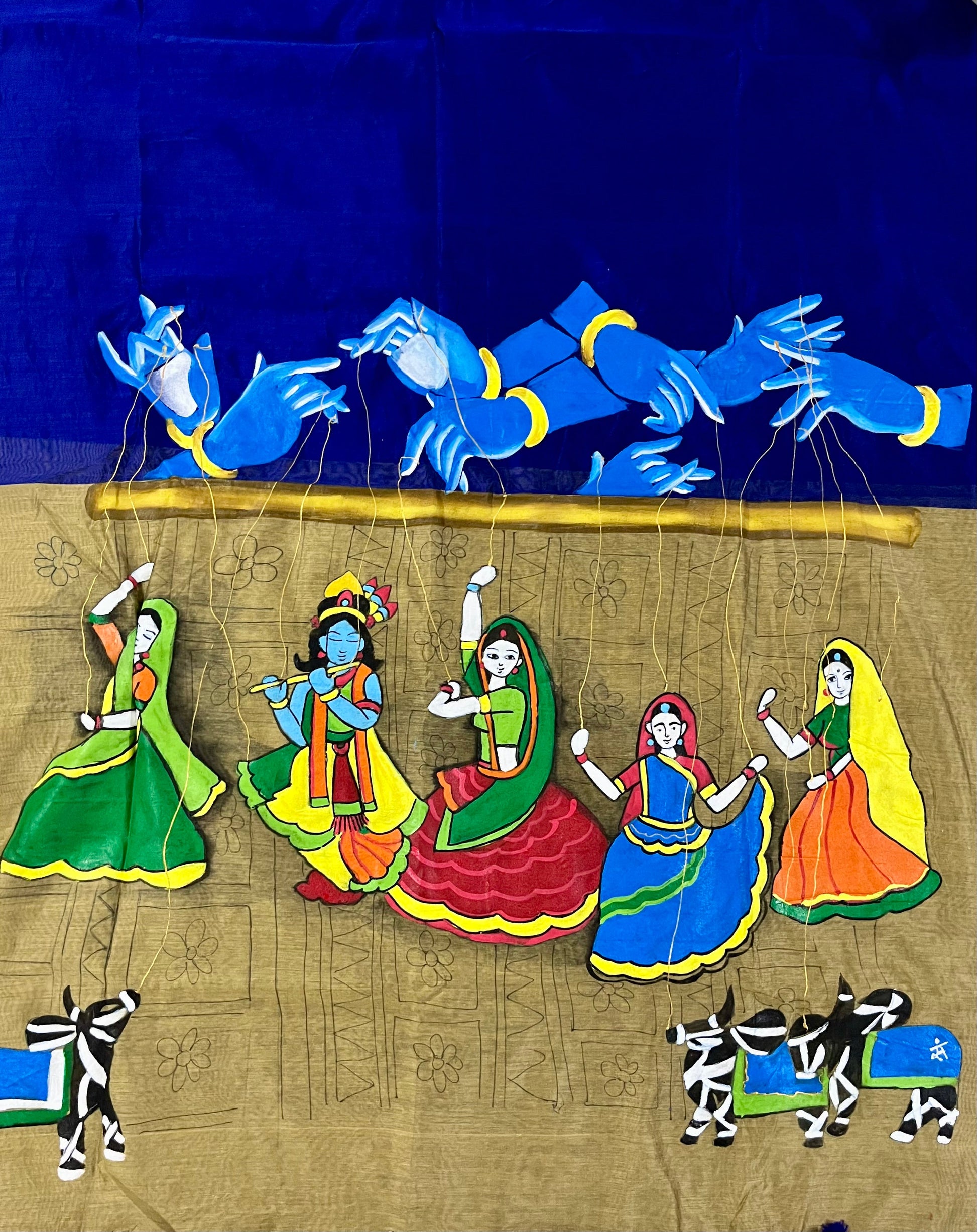 Dark blue with golden pallu hand painted cotton blend saree “ Stings of Divinity :Raas Leela puppet ballet “