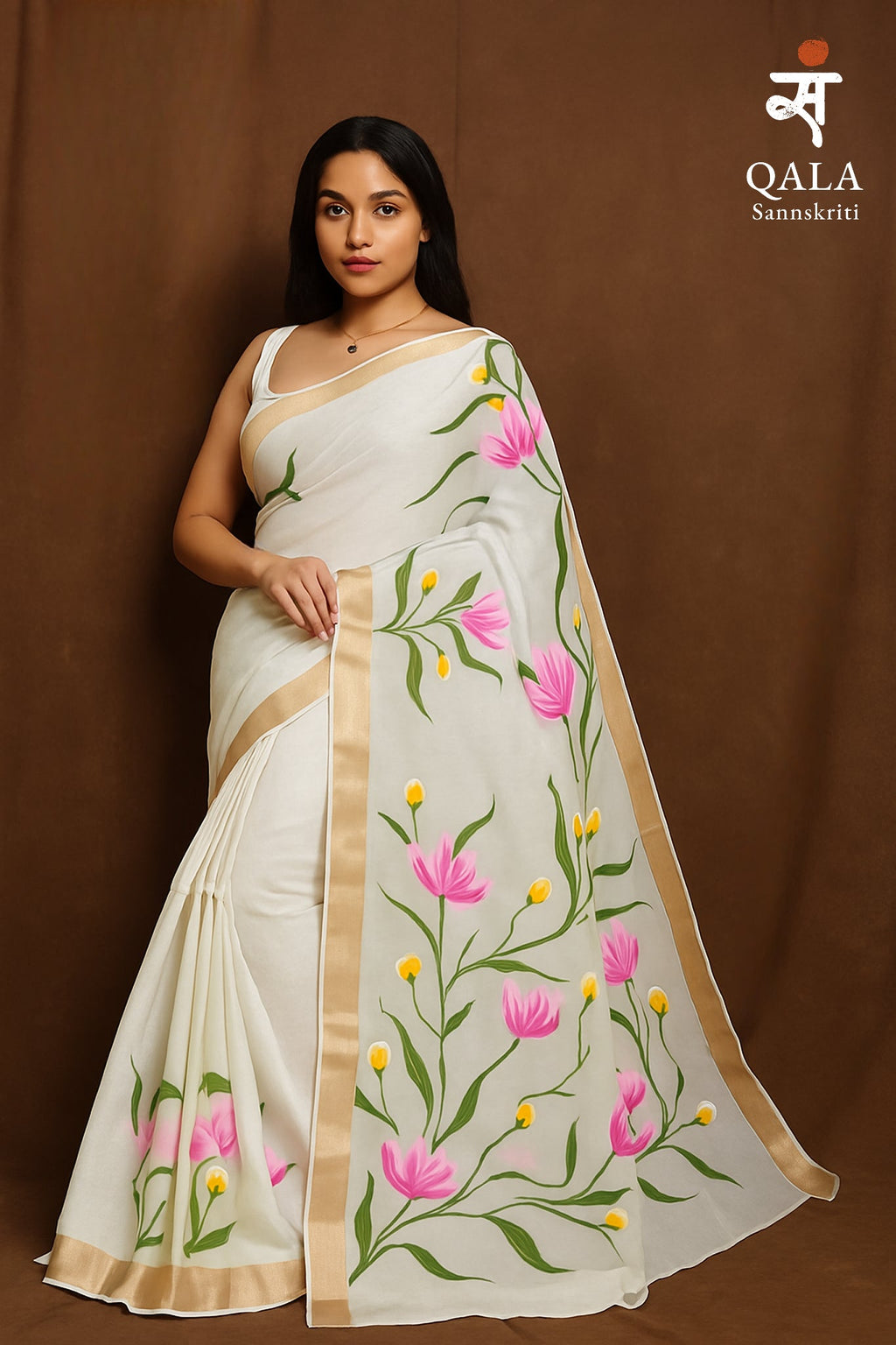 White floral hand painted Kerala kasavu saree “ Baag ki kaliya “