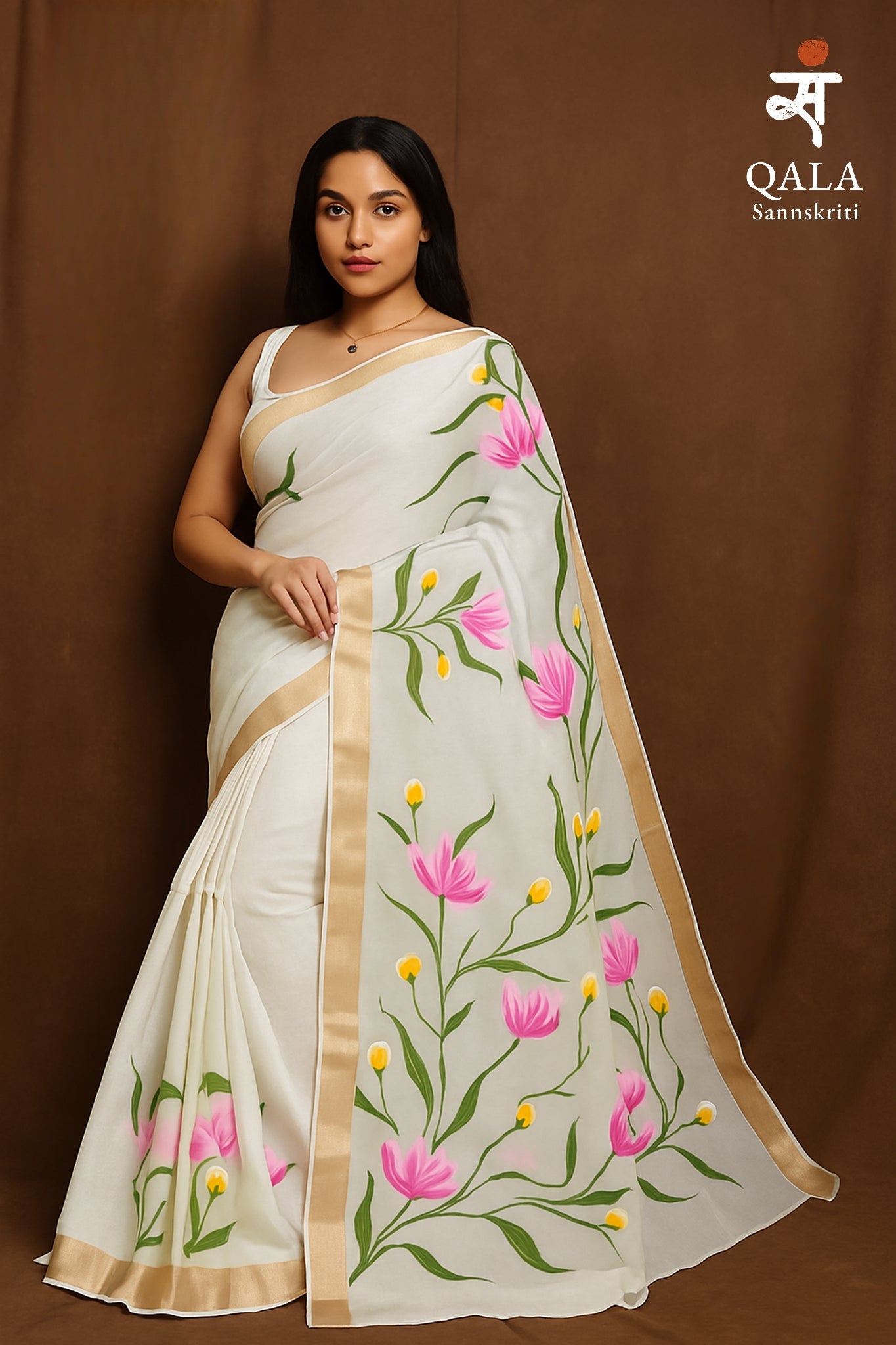 White floral hand painted Kerala kasavu saree “ Baag ki kaliya “