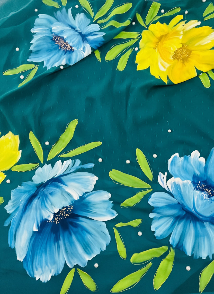 Teal georgette saree : The monsoon bloom in Teal