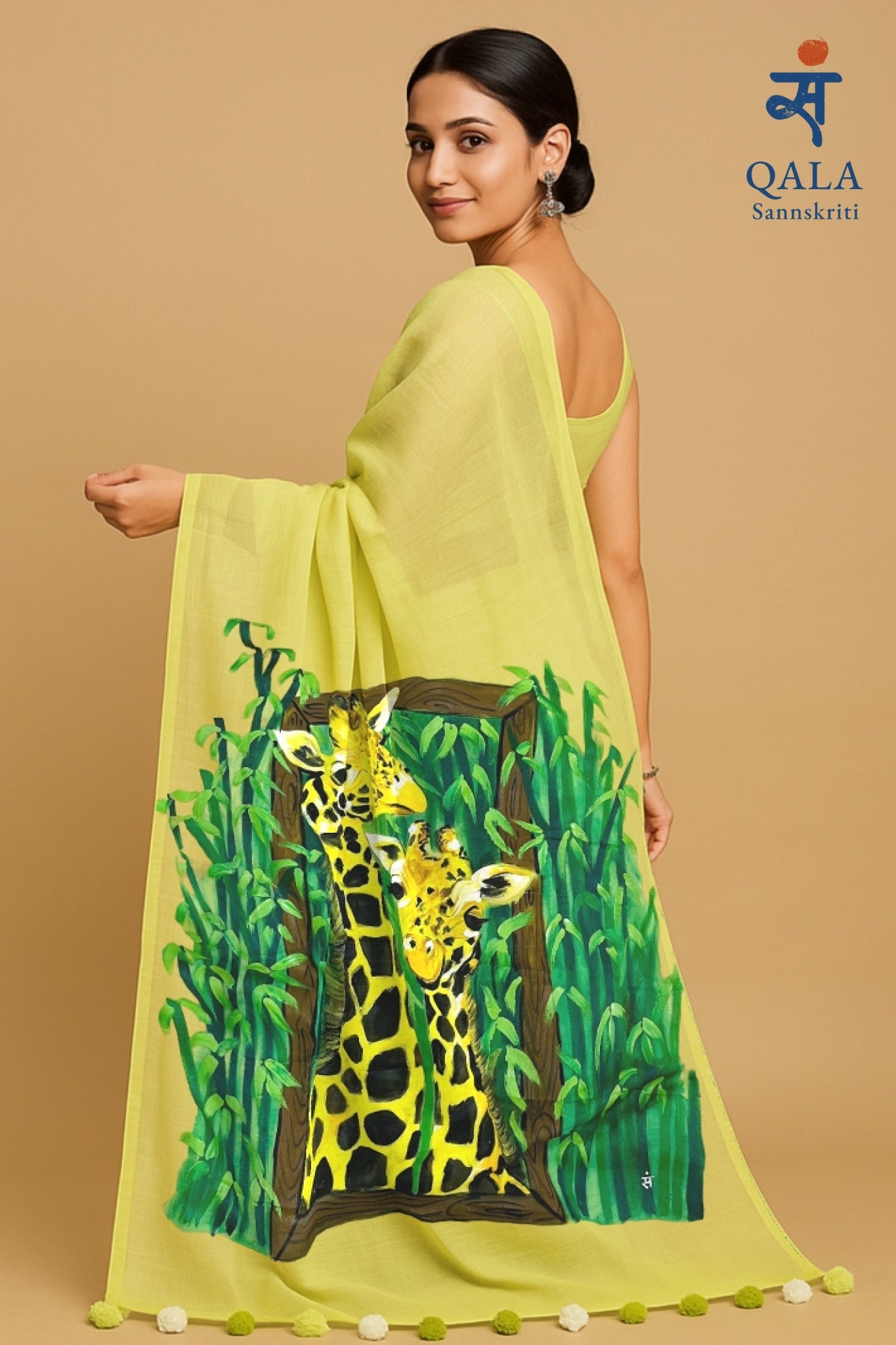 Yellow green hand painted handloom saree “ window to the wild “