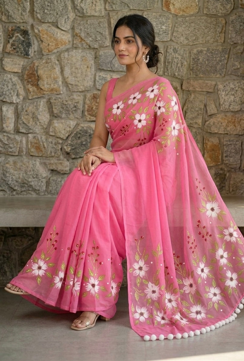 Pink georgette saree : pushp Leher