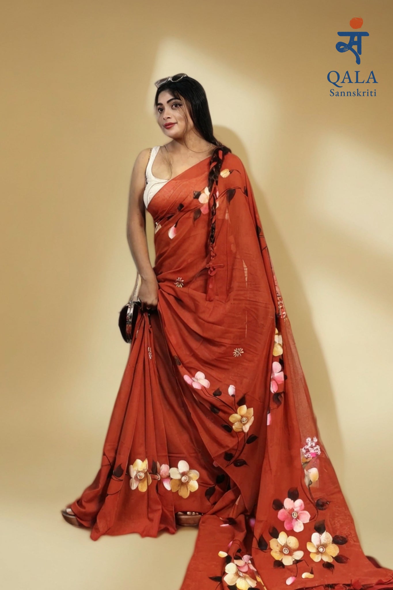 Vermicelli orange hand painted florals on mul  cotton saree