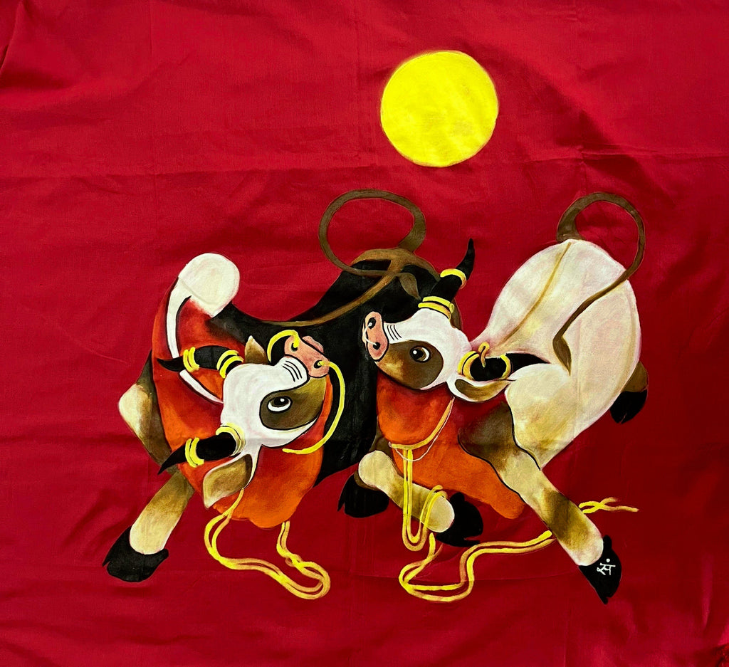 Red Hand painted handloom saree “Dancing Bulls”