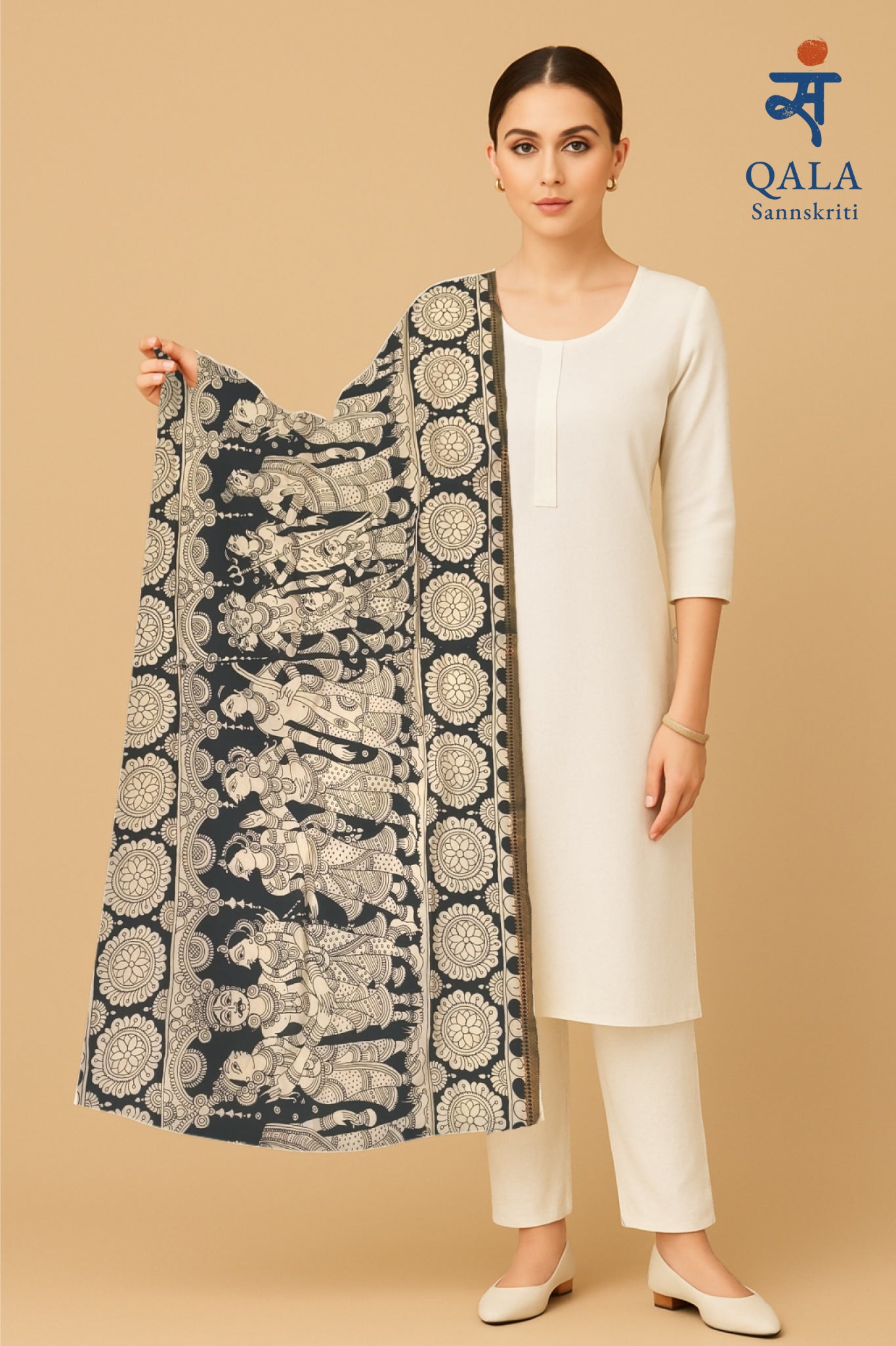 Mangalkari silk Kalamkari work hand painted dupatta “ Divya Sabha : Court of celestials”