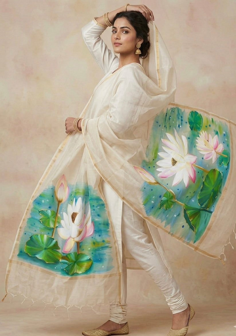 Off white pure chanderi silk dupatta : Whispers of lotus lake