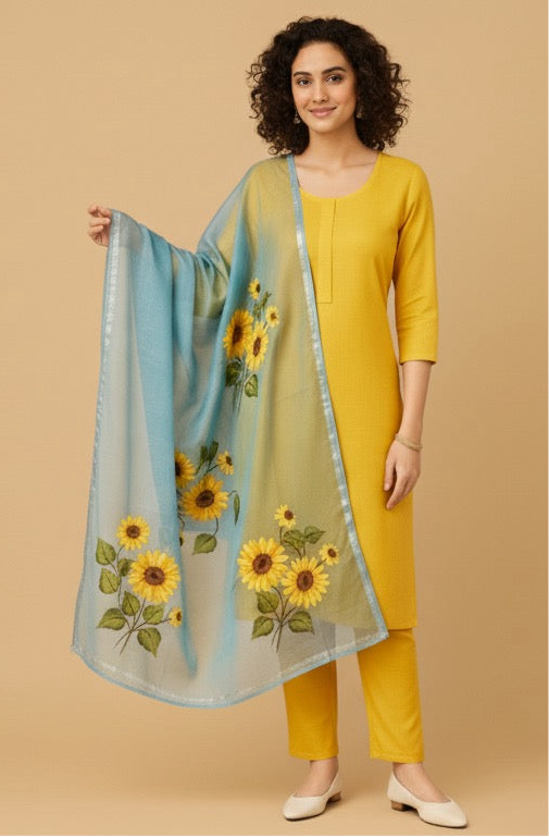 Light blue pure chanderi  Dupatta:
“Aab-e-Gul” (आब-ए-गुल)