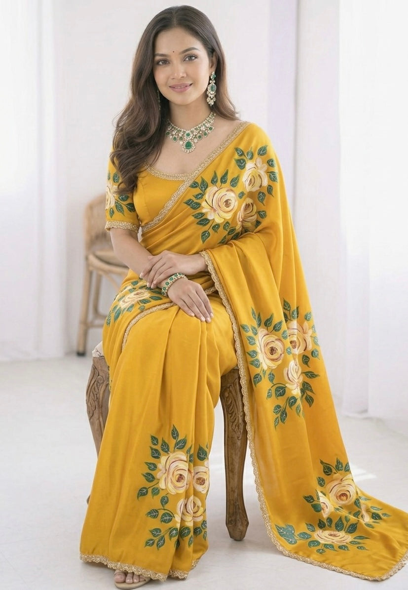 Mustard coloured satin saree : golden Gulab