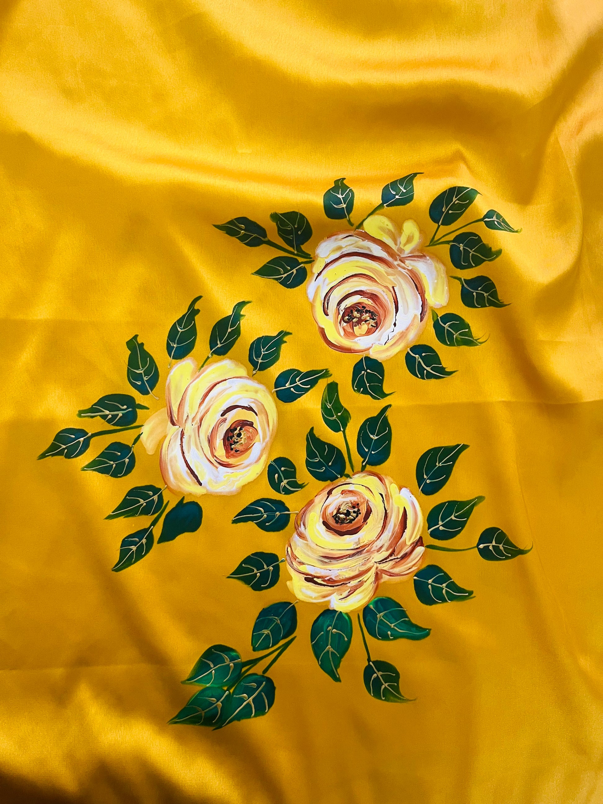 Mustard coloured satin saree : golden Gulab