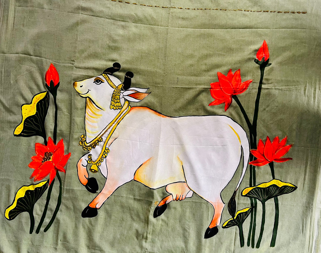 Light green grey hand painted handloom saree “Nandi Vilasa”