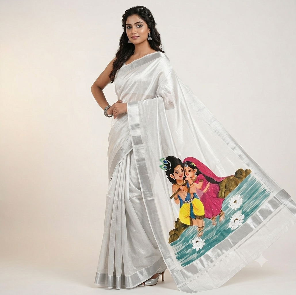 White silver Kerala kasavu tissue saree