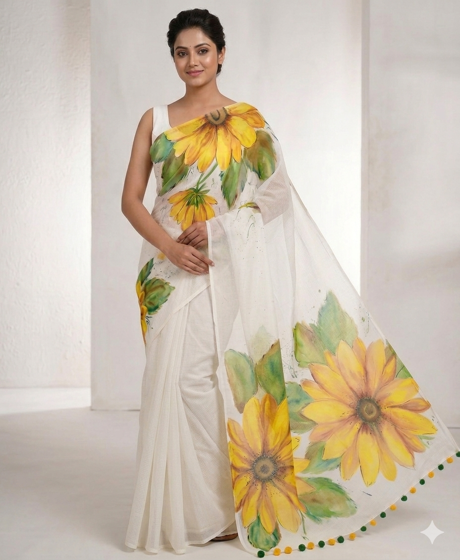 White Kota Doria cotton saree : Surya Pushpika