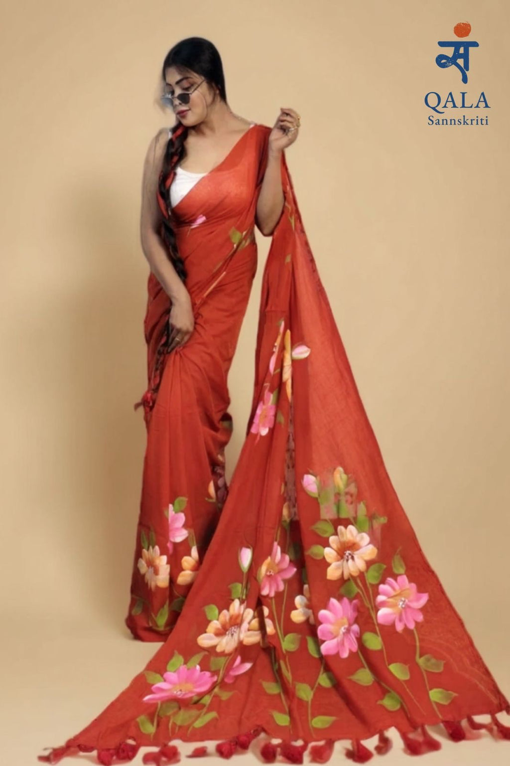 Vermicelli orange hand painted florals on mul cotton saree