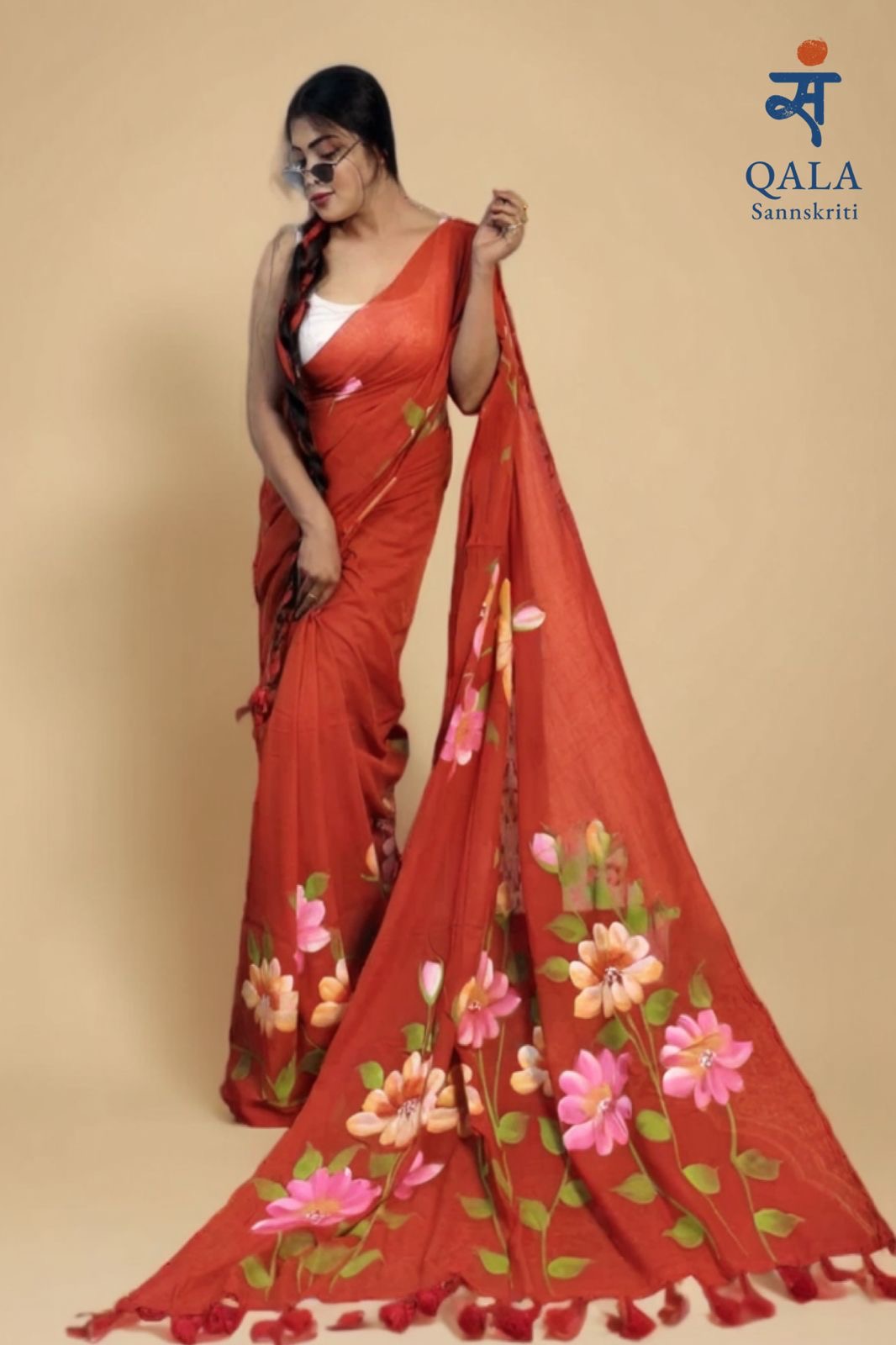 Vermicelli orange hand painted florals on mul cotton saree