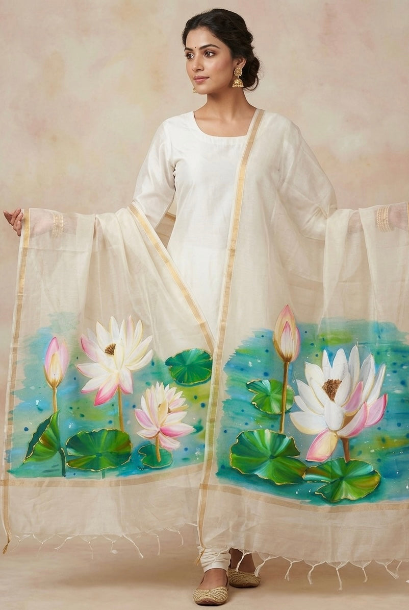 Off white pure chanderi silk dupatta : Whispers of lotus lake