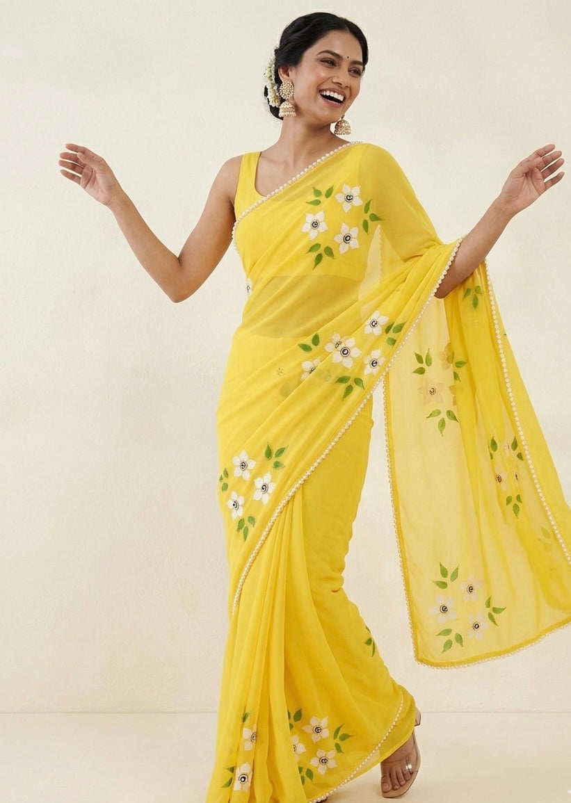 Lemon yellow georgette saree