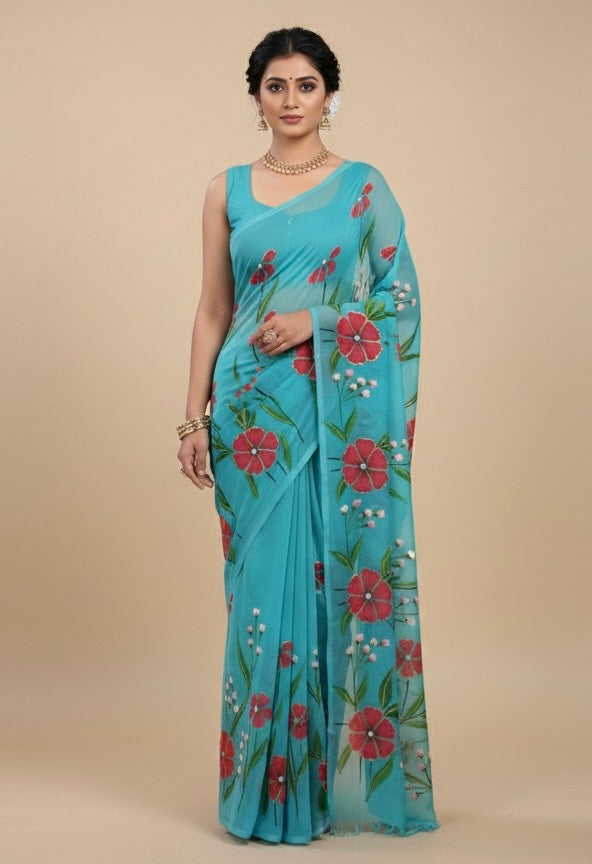 Light blue with coral red florals georgette saree : Gulnaar Baadal