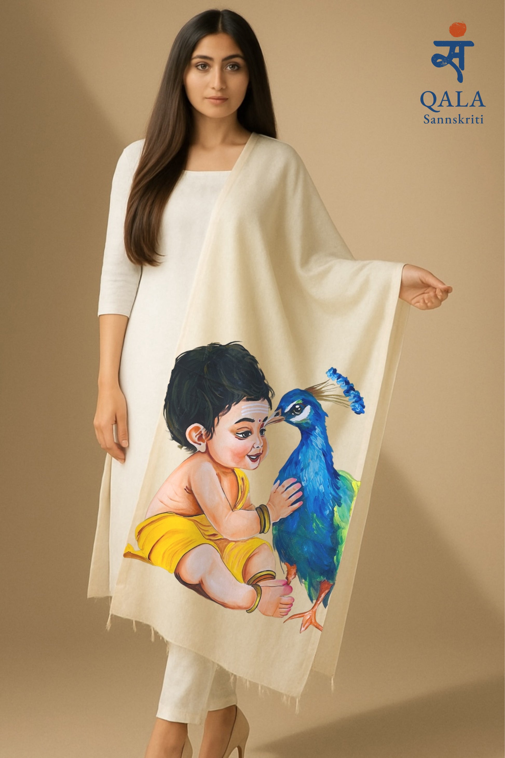 White pure chanderi dupatta , “Mural of Mischief -Baal Krishna bond”