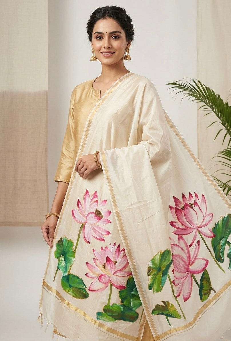 Off white pure chanderi silk dupatta : Padma Prerna