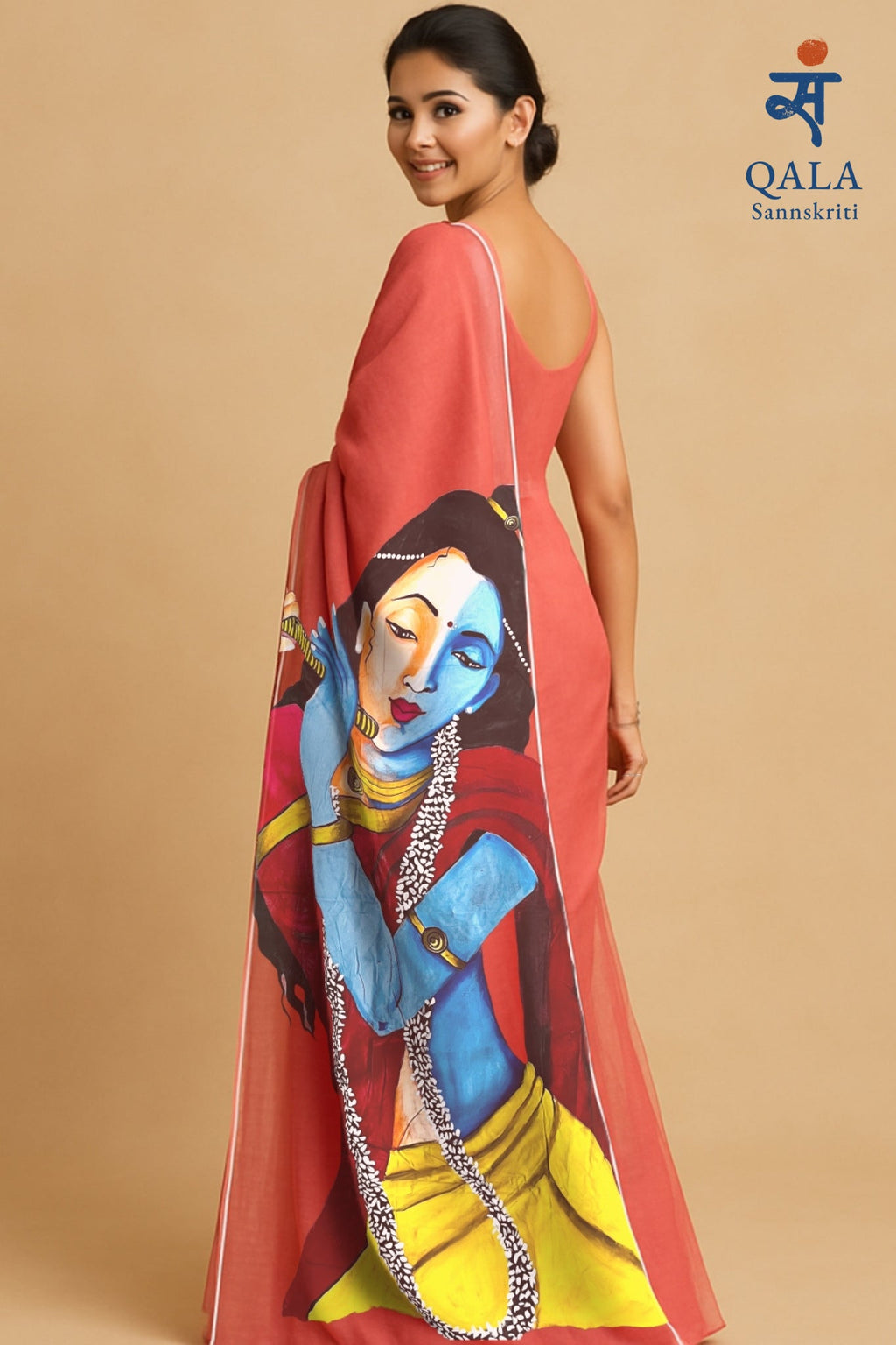 Peach mul cotton hand painted saree “ Radha Krishna : one soul two forms”