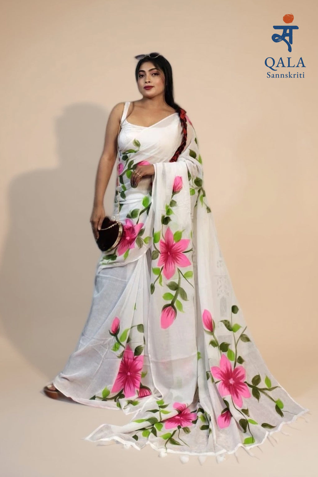 White mul cotton hand painted floral saree
