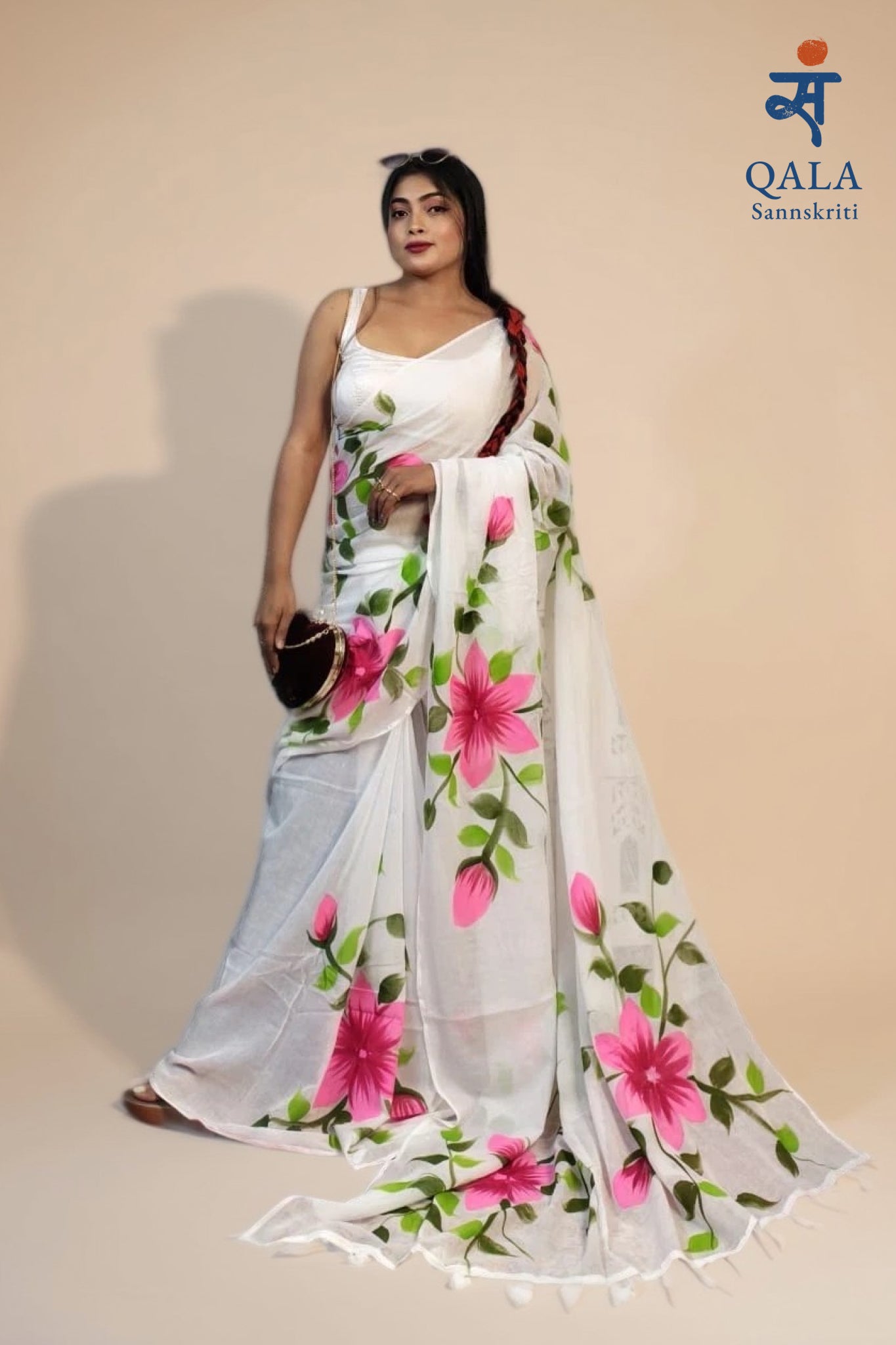White mul cotton hand painted floral saree