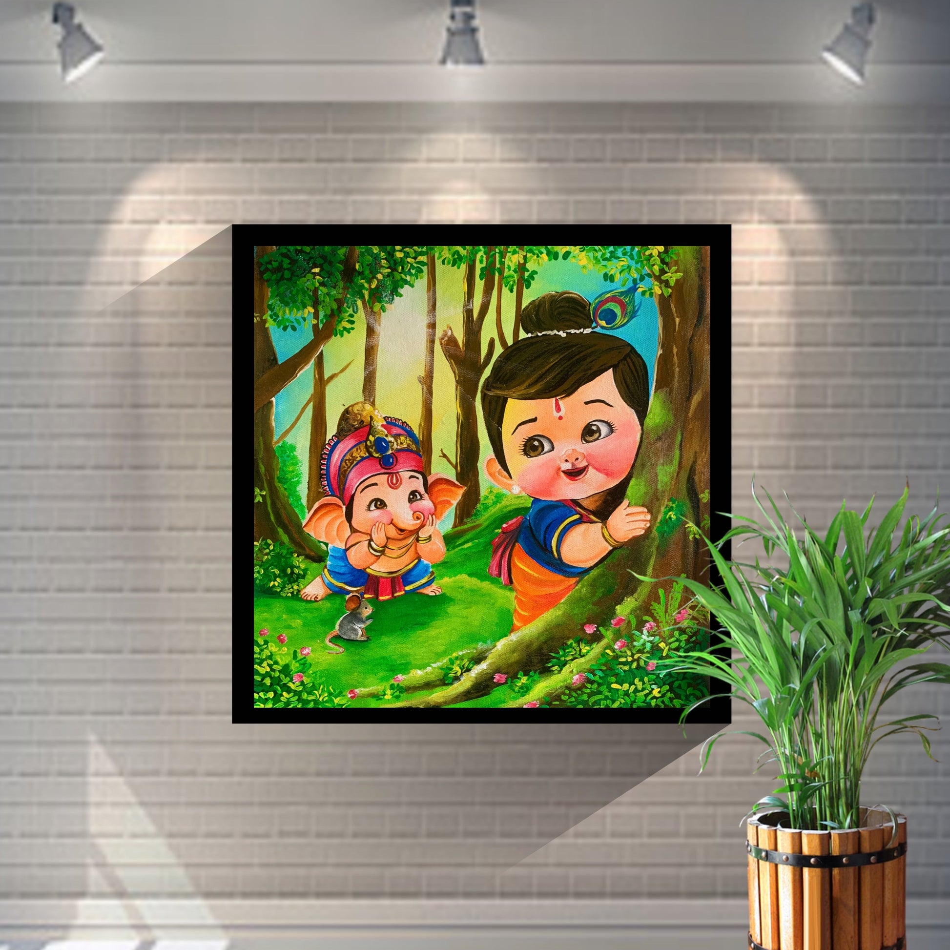 Ganesha and lord Krishna as children playing