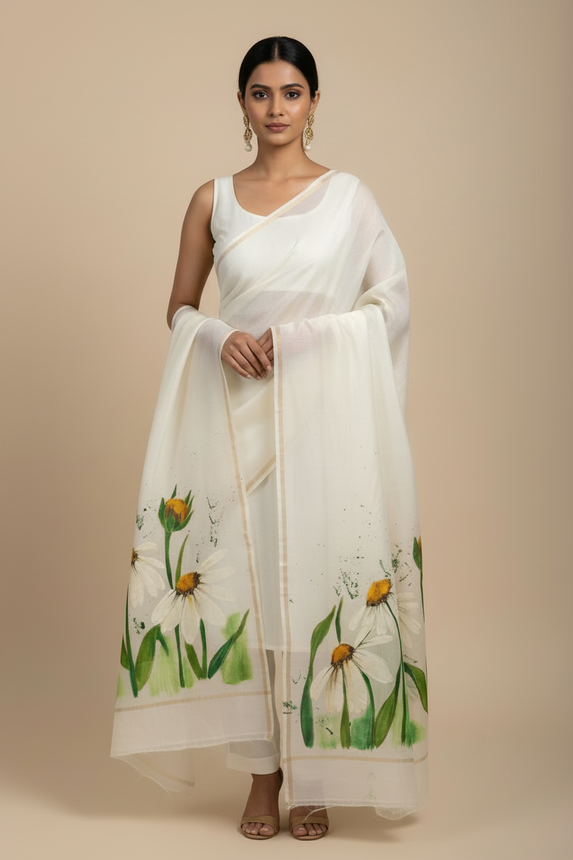 Pure malai chanderi dupatta : Shwet Pushp