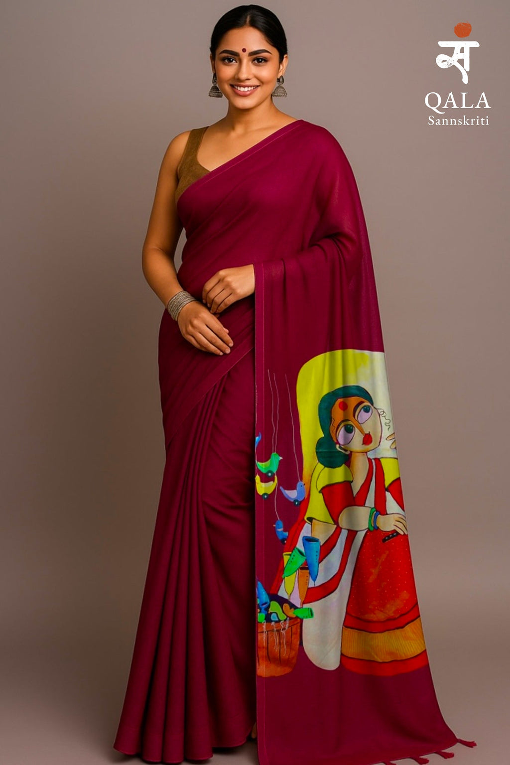 Dark purple pink hand painted handloom saree “ Baajra - The bird callers melody”