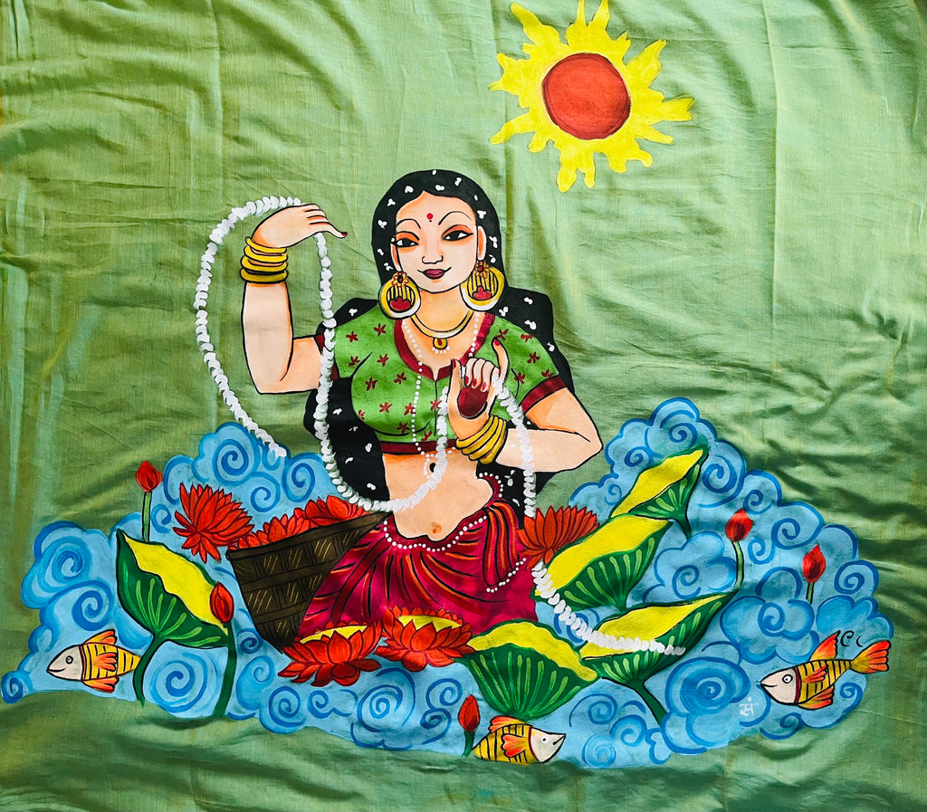 Light green hand painted handloom saree “ The song of the river Maiden”