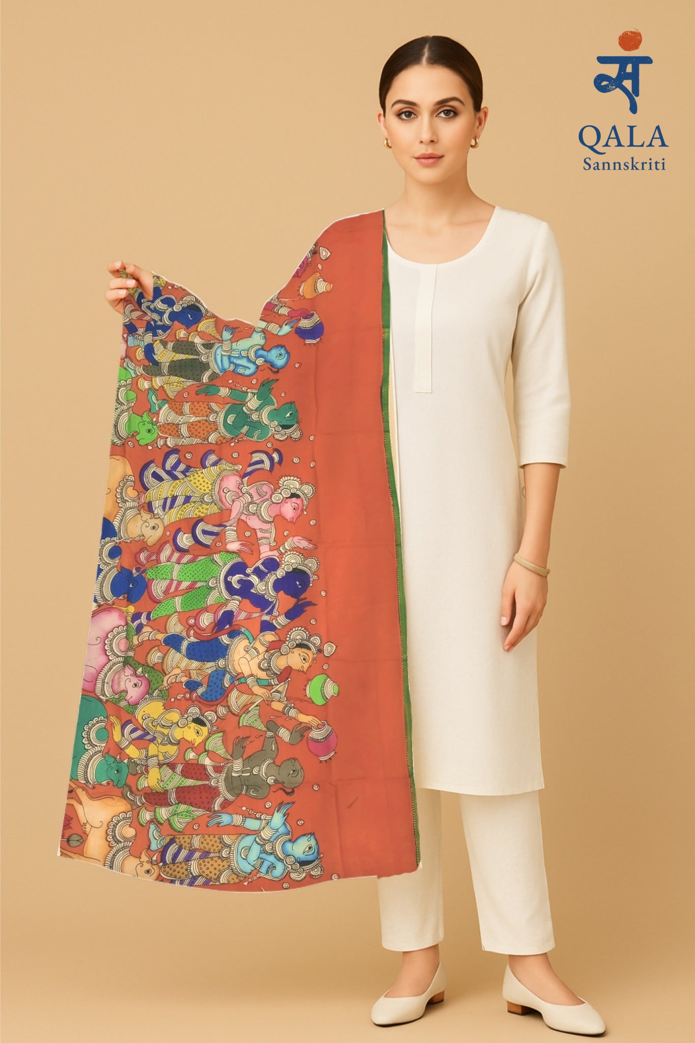 Mangalgiri silk Kalamkari hand painted dupatta “ Ganesh utsav “