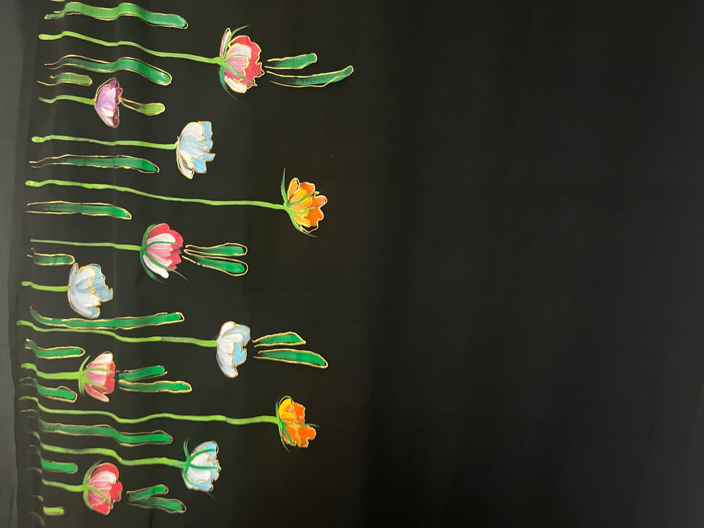 Black colourful tulips on georgette saree : Midnight Garden