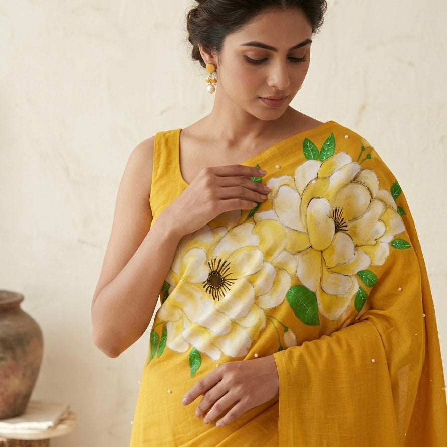Yellow khadi cotton saree
