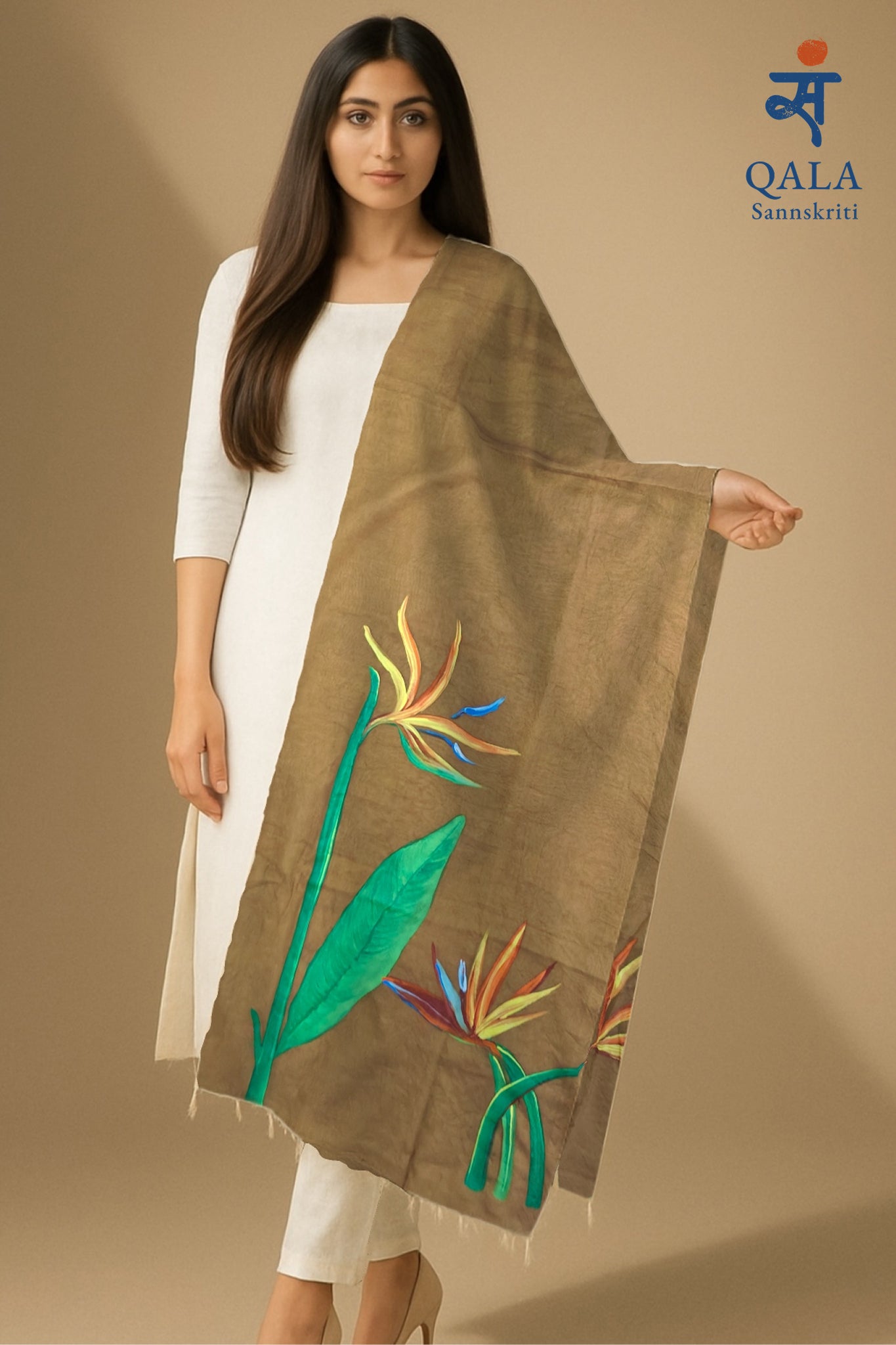 Brown coloured pure chanderi dupatta “ wings of paradise”