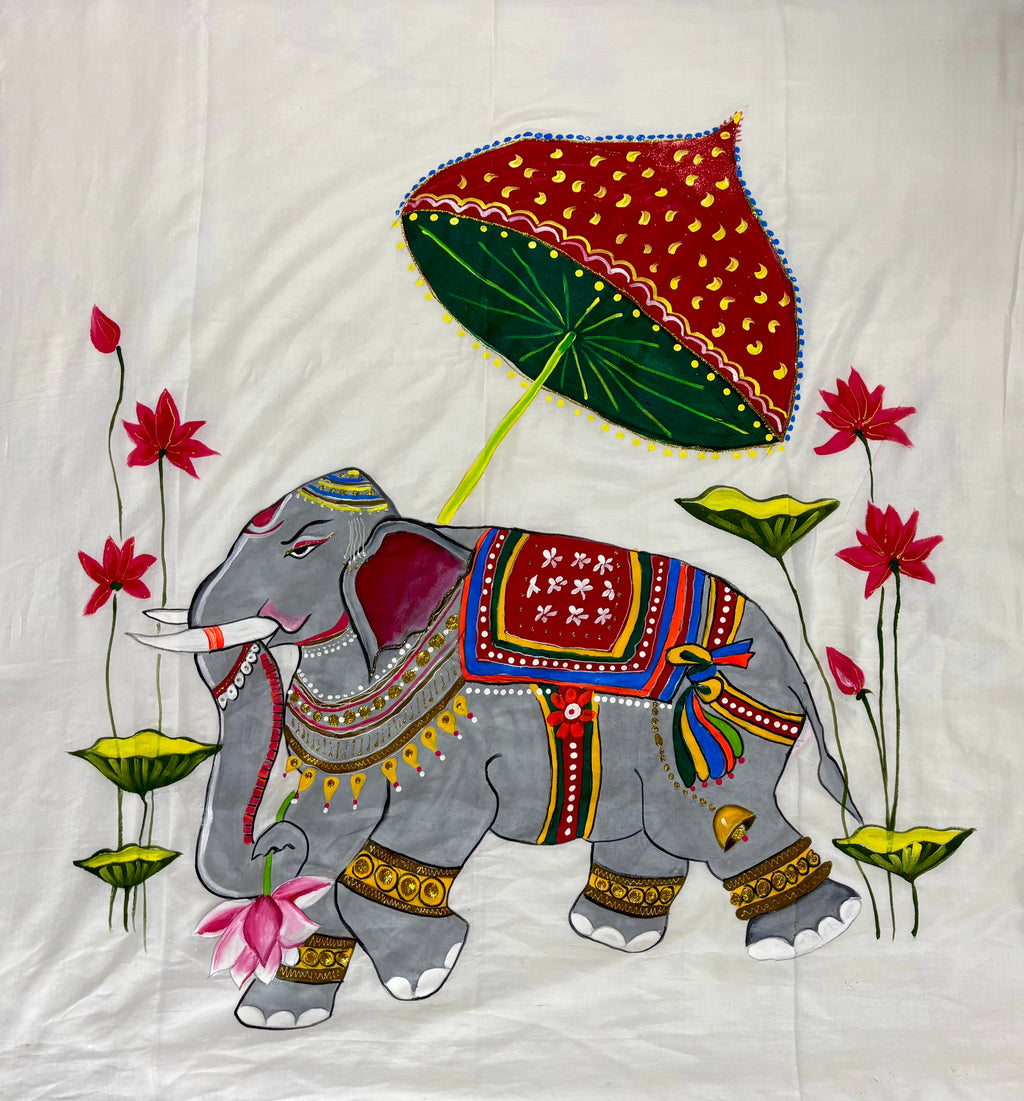 White hand painted handloom saree “ Gajgamini - The Graceful March”