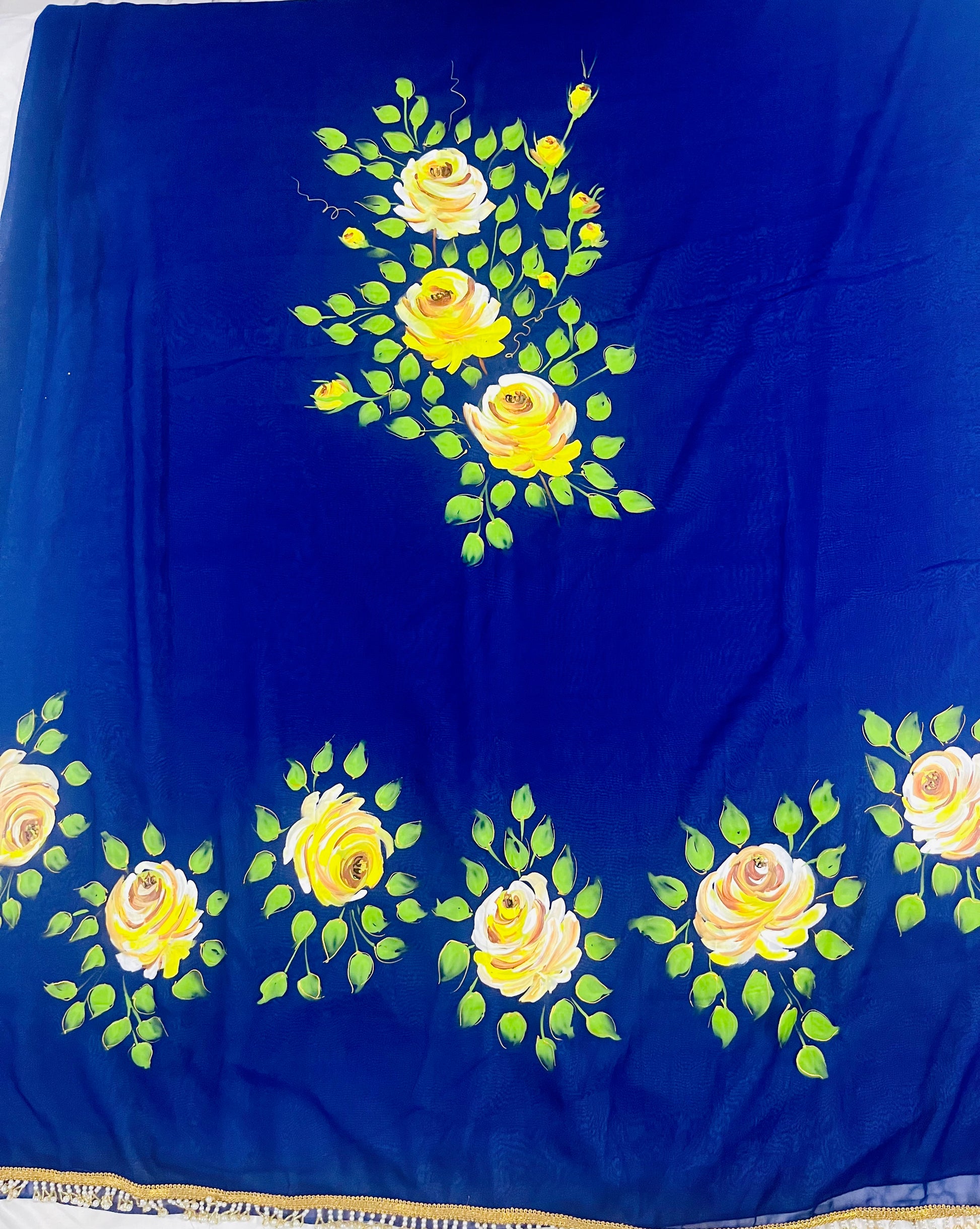 Deep blue georgette saree : midnight garden in Bloom