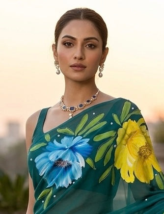 Teal georgette saree : The monsoon bloom in Teal