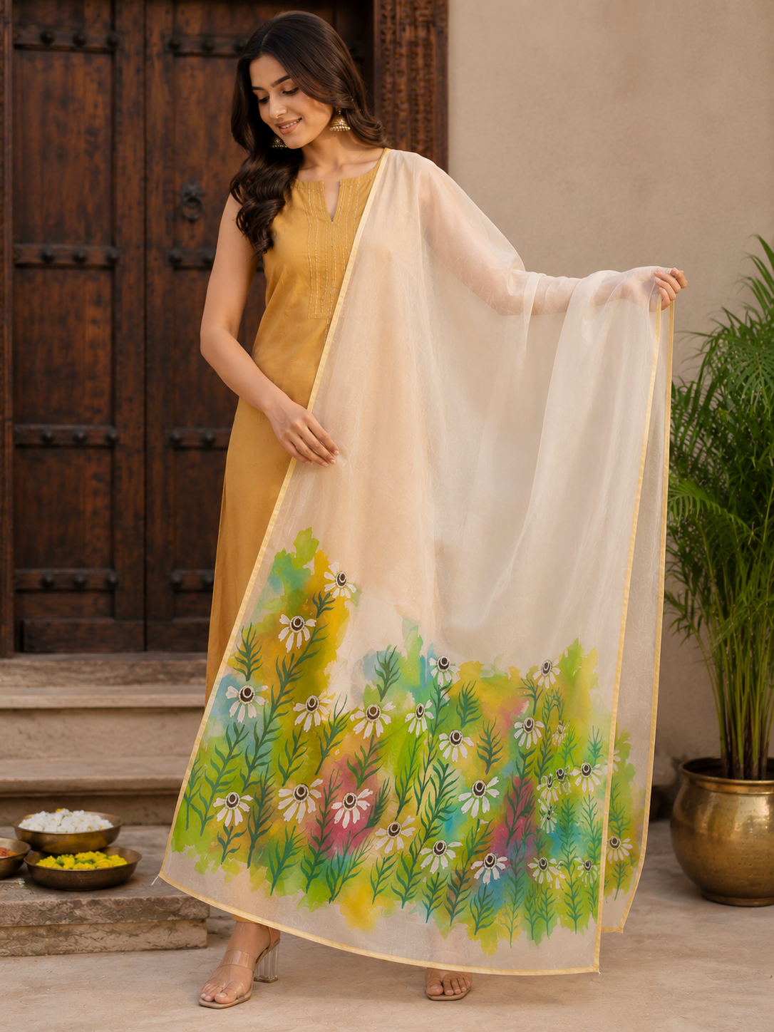 Pure chanderi silk dupatta with beads