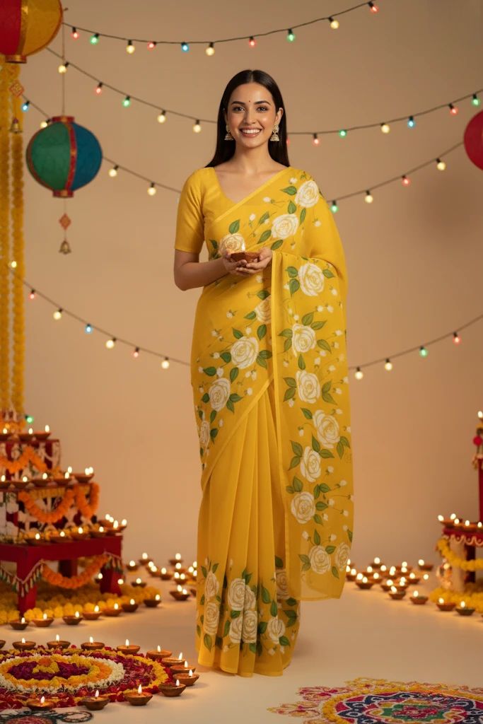Yellow georgette saree : Golden bloom