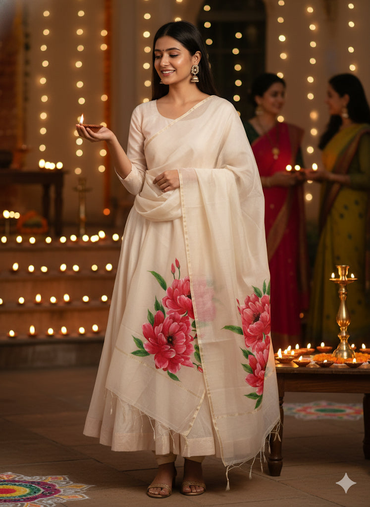 Natural coloured pure chanderi floral dupatta ( pink flowers): Blossoms of Grace