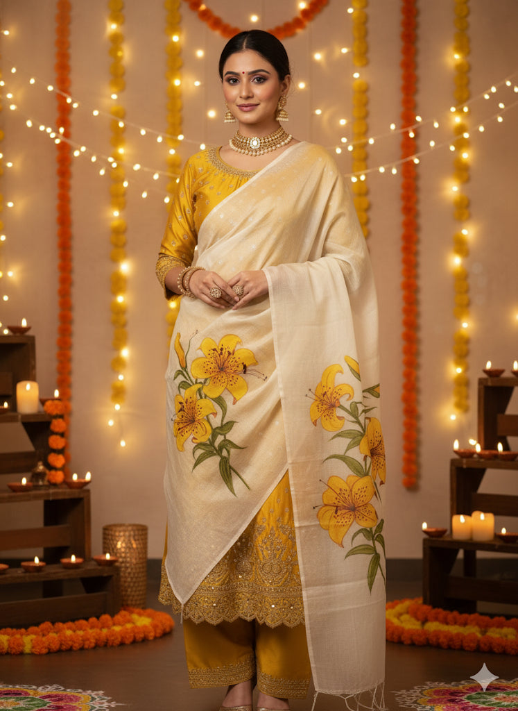 Yellow tiger lily pure natural coloured chanderi  dupatta : Radiance of Tiger lily