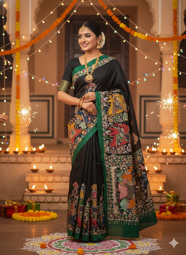 Black base multi coloured pen Kalamkari saree