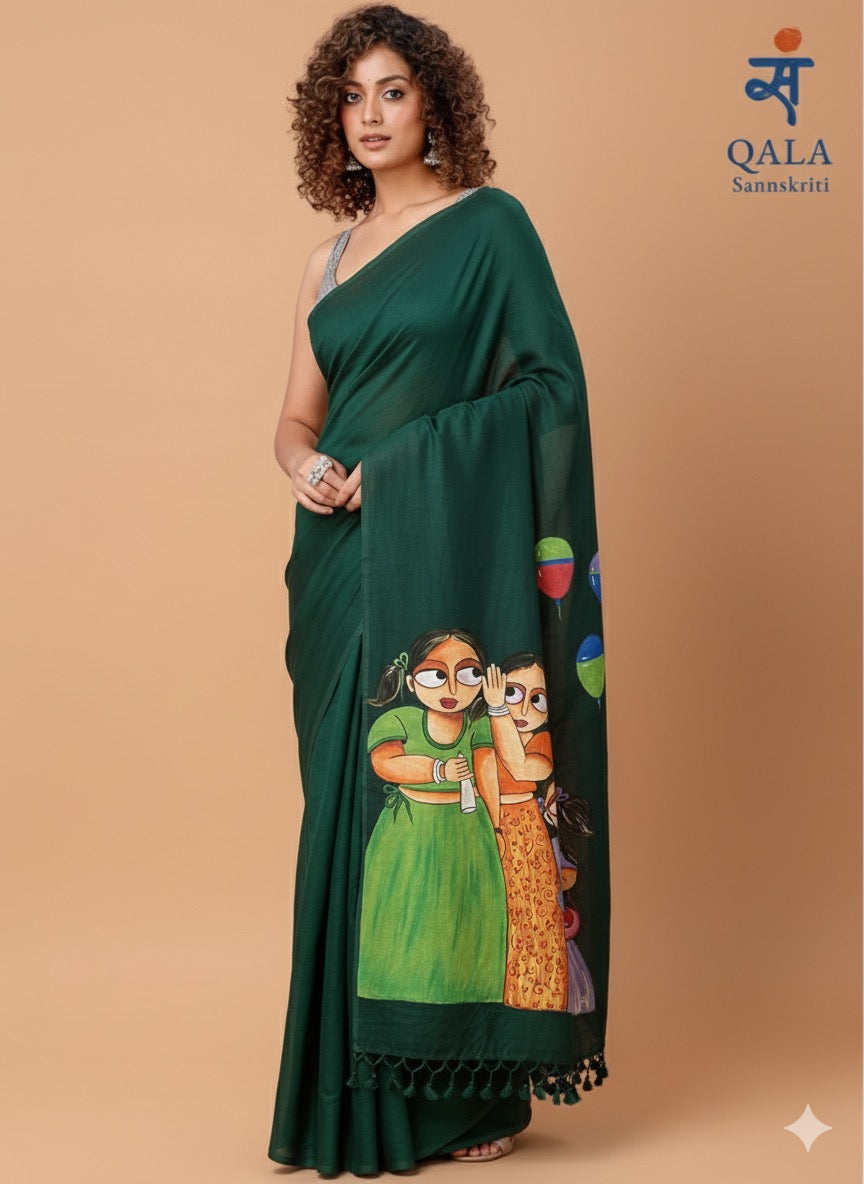 Dark green handloom khadi saree : Whispers of innocence
