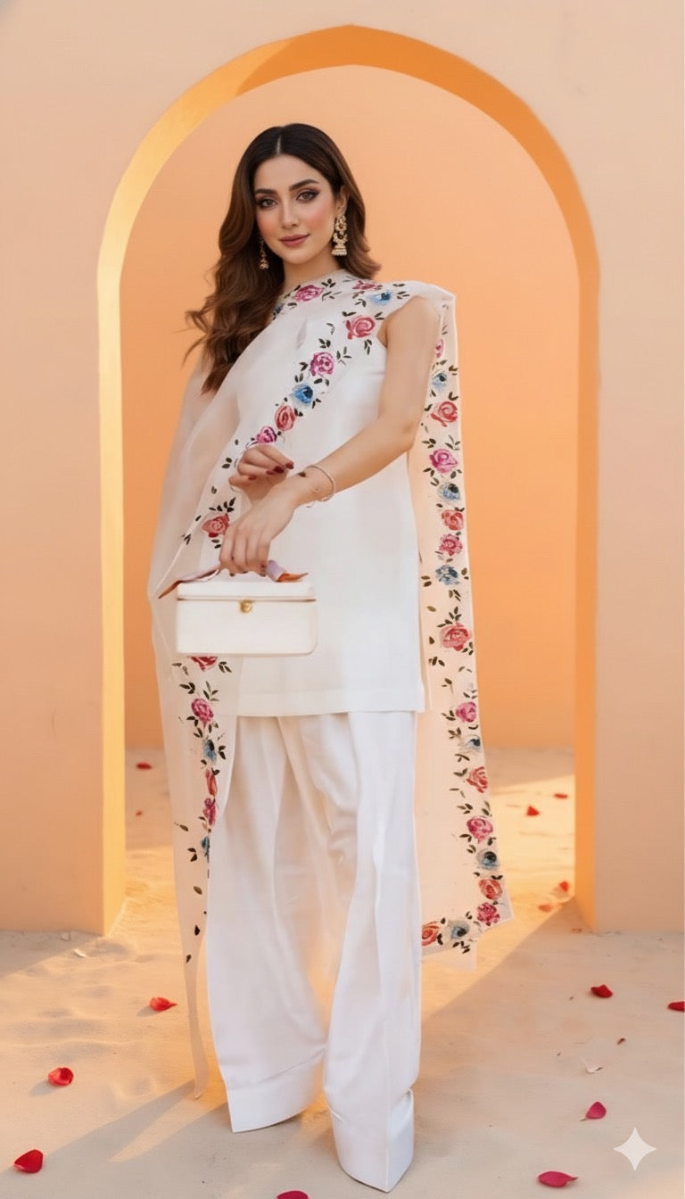 White pure malai chanderi dupatta : “Phoolon ki Baatein”